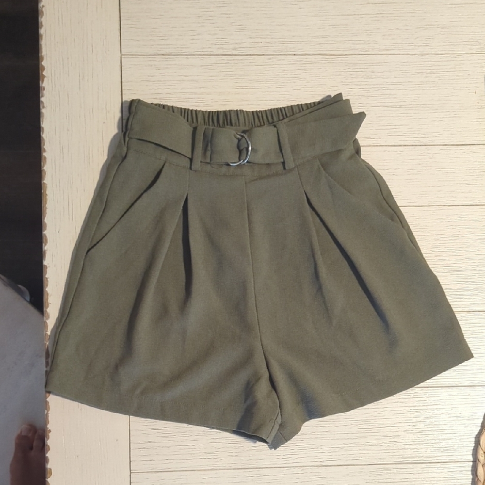 Abound High Waist Green Shorts with Belted Detail